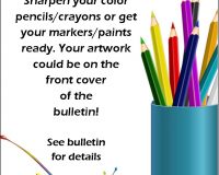 Poster with the text asking for artists to create bulletin covers using pain, markers, pencils, and/or crayons.