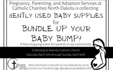 Poster advertising Bundle Your Baby Bump, a effort by Catholic Charities to collect supplies for families with infants.