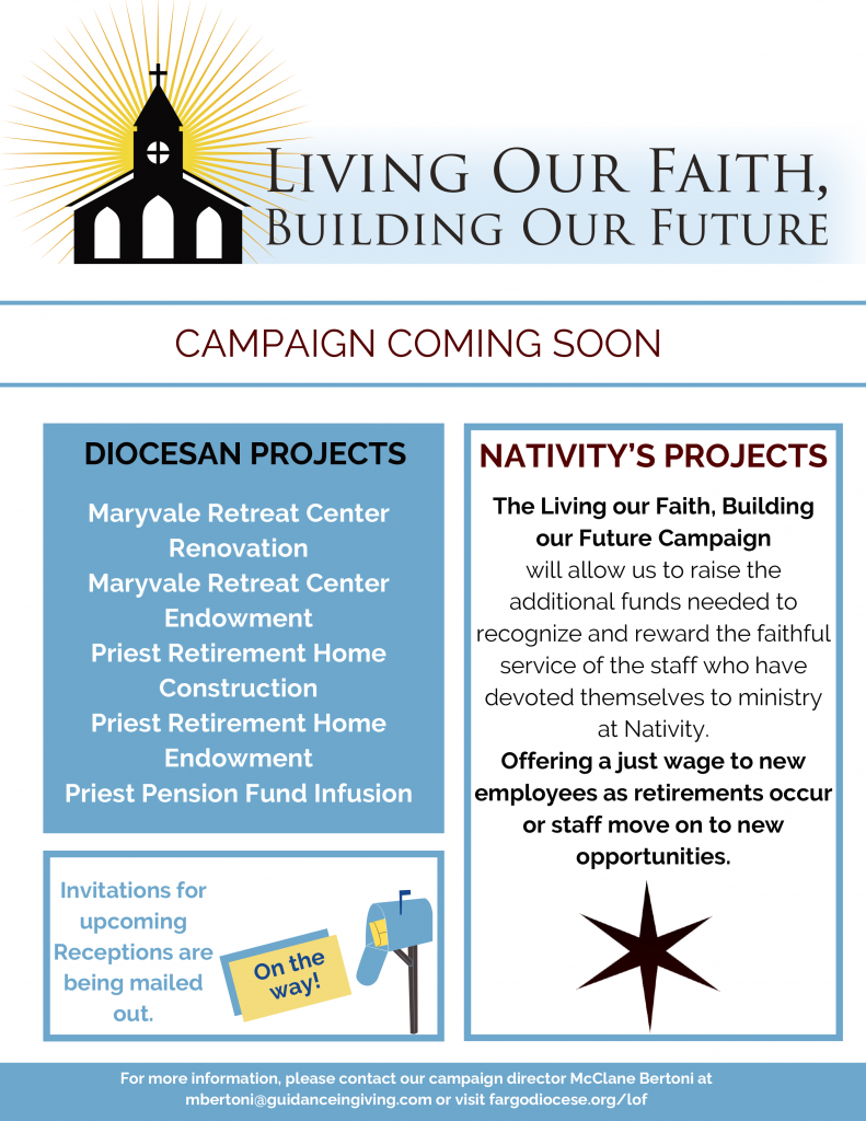 Image with graphics explaining the campaign will both assist the Diocese of Fargo and Nativity church with funding for projects. 