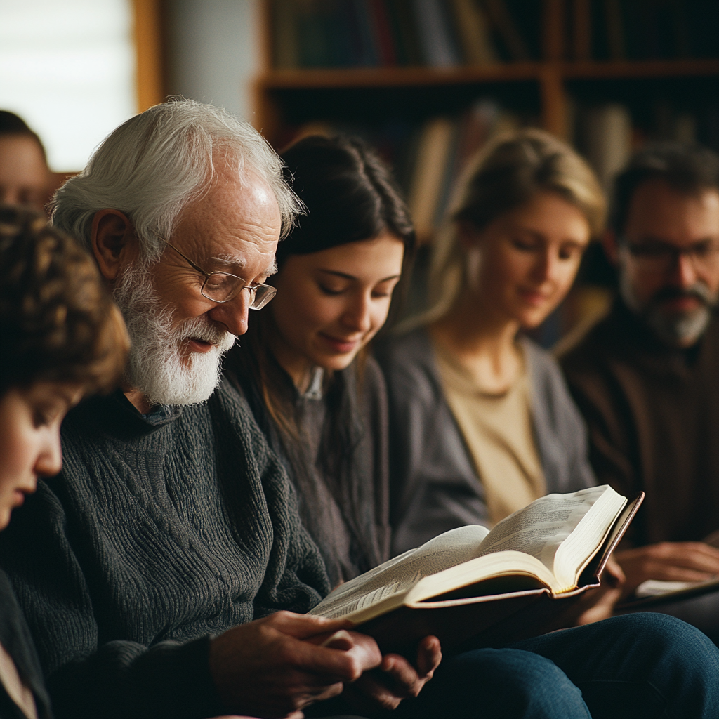 Multigenerational group reading text from bible.
